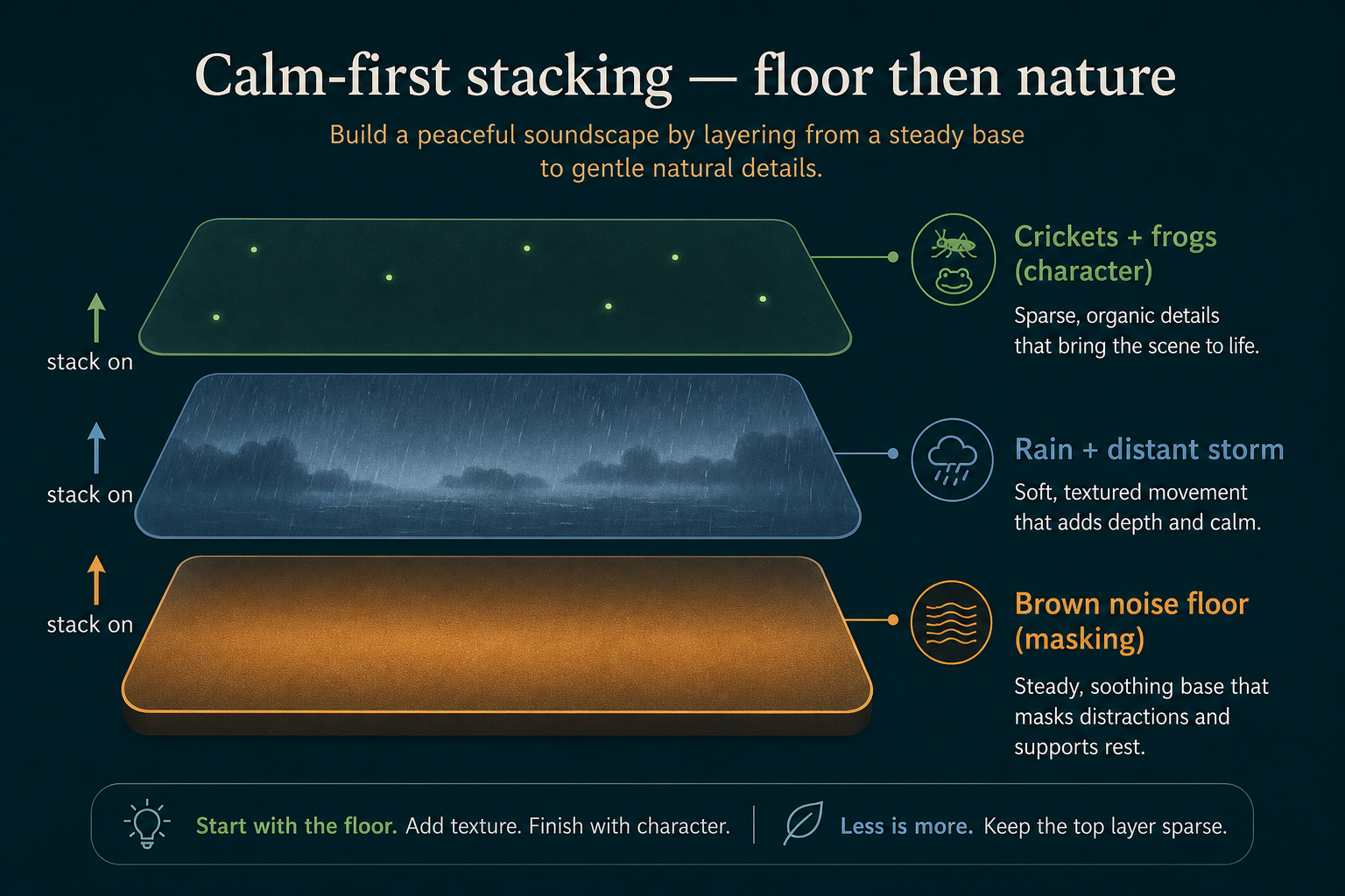 Stack rain, crickets, and frogs on brown — floor first, ecology second, charisma last.