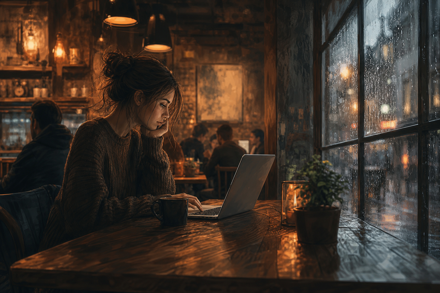 Café murmur energy — moderate noise for creative work.