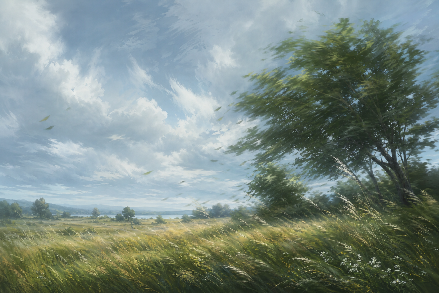 Ebb and flow — wind, crickets, rain arriving and leaving like the field at dusk.