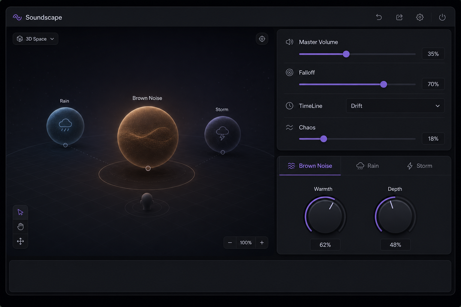 Master Volume, Falloff, TimeLine Drift, and Brown Noise warmth — the calm-first dial order.