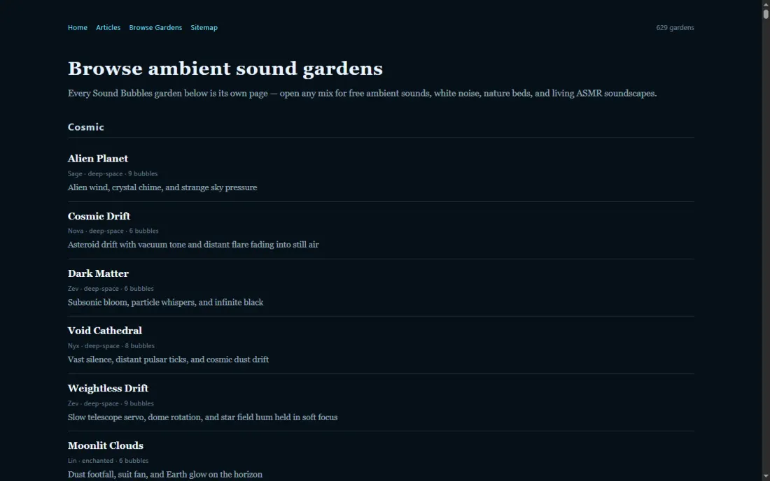 Browse gardens by job: sleep, focus, recovery, masking.